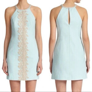 Lilly Pulitzer Pearl Shift Whispering Blue Gold Cocktail Dress Size 2
